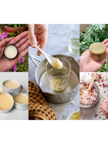 A visual mood board for one of my DIY station workshops, showing the kinds of products you can learn to make: natural lip balms, exfoliating sugar scrubs, and relaxing bath salts.