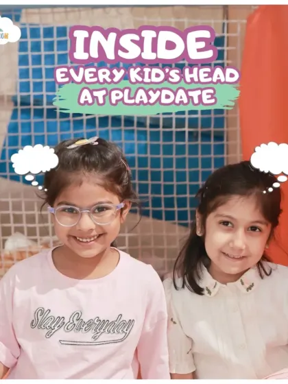 This series captures what's inside every kid's head at a playdate. Here, two friends smile, ready for their next adventure together in our play zone.