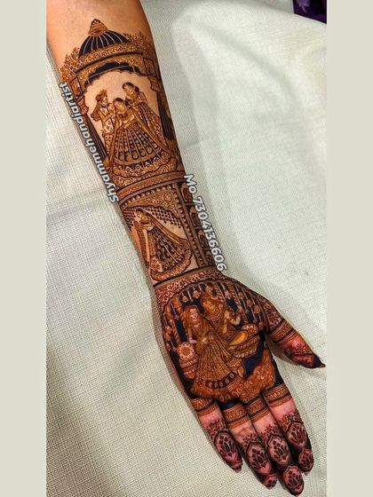 A full-arm view of a design featuring multiple couple portraits, telling the story of their relationship.