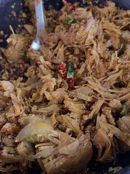 Our Vishu special, Jackfruit Thoran. Tender, shredded raw jackfruit is cooked with a fragrant coconut masala. It’s a dish that tastes like childhood and the comforting pull of nostalgia.