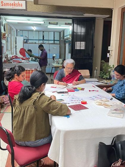 A mirror work workshop in session. I love teaching this technique, as the small, shimmering mirrors can transform any piece of fabric.