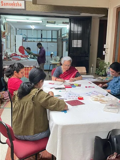 A mirror work workshop in session. I love teaching this technique, as the small, shimmering mirrors can transform any piece of fabric.