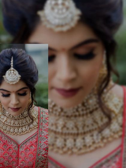 A close-up portrait of the bride, focusing on her intricate jewelry and flawless makeup.