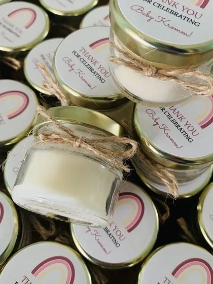A lovely order for a baby shower. The labels say "Thank you for celebrating Baby Kromm!" with a cute rainbow design. These are perfect for baptism or birthday parties too.