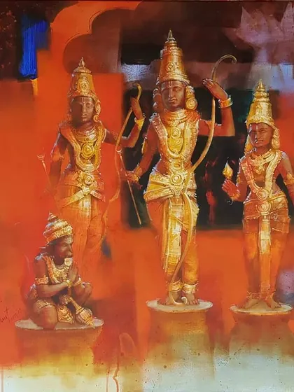 The completed Ram Darbar painting, featuring Ram, Lakshman, Sita, and Hanuman.