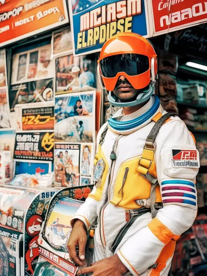 An astronaut browsing a local media store in Rocketganj. This image grounds the high-concept world in a relatable, everyday activity, adding a layer of realism to the fiction.