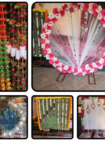 This collage showcases the variety of Ganapati backdrops I offer. You can see different styles, from floral frames and peacock feather designs to traditional garlands and fabric drapes, all available at my store.