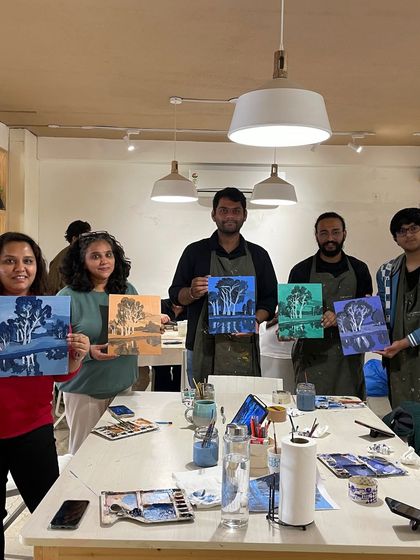 A group of friends showing off their unique landscape paintings, each with a different color palette.