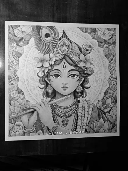 A beautiful and intricate sketch of Lord Krishna playing his flute, surrounded by a mandala-like floral border. This was a custom commission work that required immense detail.