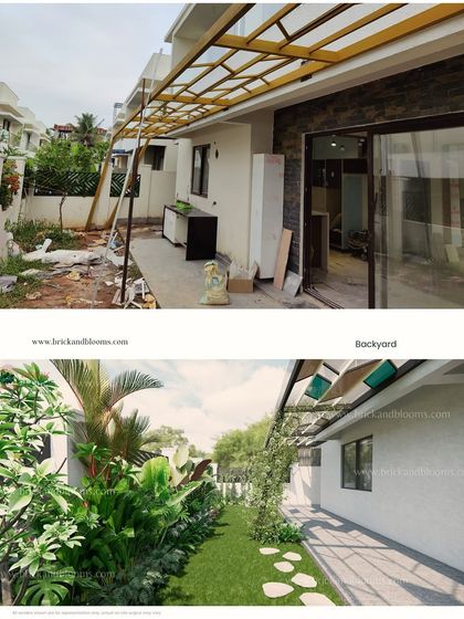 A view of the backyard transformation from a different perspective. The addition of a permanent, well-designed canopy and a variety of tropical plants turns this functional space into a green escape.