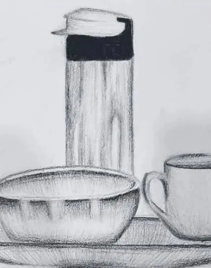 Another student's interpretation of the same still life setup. It's wonderful to see how each artist brings their own unique perspective to the same subject.