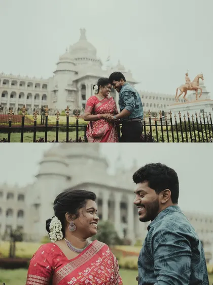 A collage of a couple's vintage-themed pre-wedding shoot in front of Bengaluru's Vidhana Soudha.