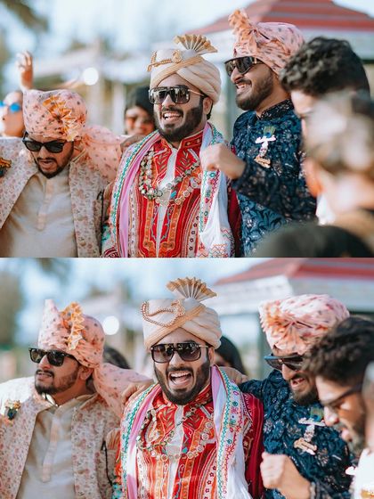 The groom and his groomsmen, full of energy and excitement during the baraat.