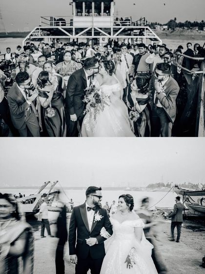 More moments from the ferry wedding, including a kiss and a motion-blur shot. This black and white collage shows both romance and artistic flair.