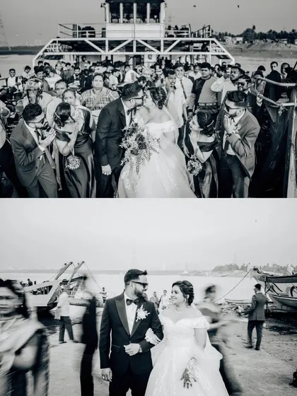 More moments from the ferry wedding, including a kiss and a motion-blur shot. This black and white collage shows both romance and artistic flair.