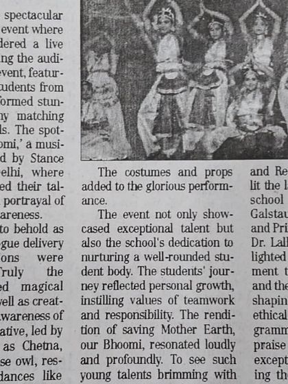 An English newspaper feature on our school musical "Bhoomi," praising the choreography and the students' exceptional talent.