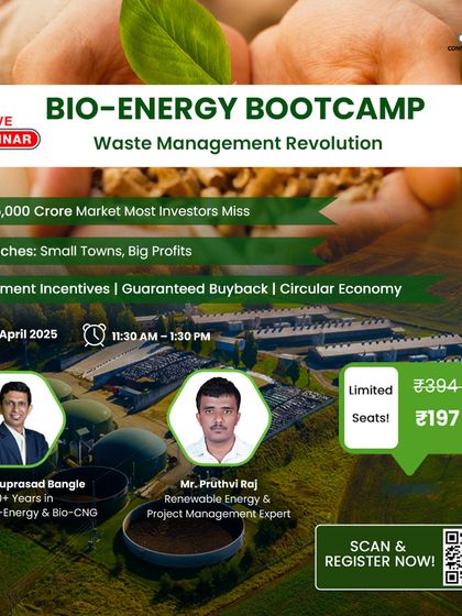 Our Bio-Energy Bootcamp ad, featuring our expert speakers, shows hands holding biomass and a large Bio-CNG plant. The caption details how we teach clients to set up low-cost plants and profit from by-product sales.