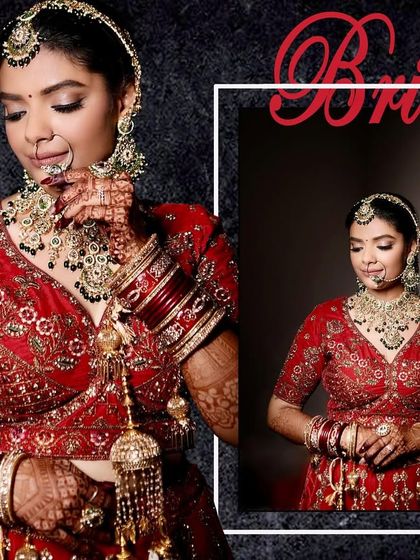 A collage of a bride in her red lehenga, combining a full-body shot with a close-up portrait for a comprehensive look.