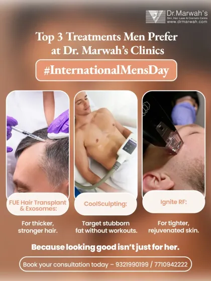 This graphic highlights the top three treatments preferred by my male patients. I offer tailored solutions for men, including FUE hair transplants, CoolSculpting for stubborn fat, and Ignite RF for skin tightening, because restoring confidence is a universal goal.