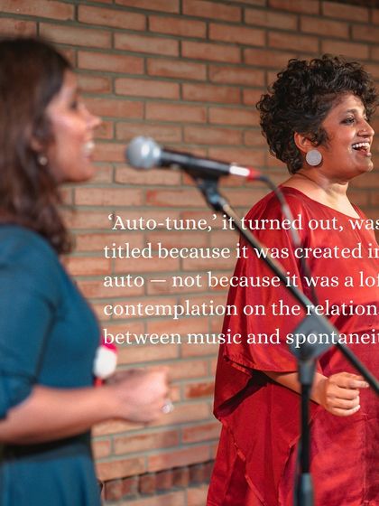 A candid moment from the 'Many Moons' concert, which featured a piece humorously titled 'Auto-tune' because it was created in an auto-rickshaw, showcasing the spontaneous and organic nature of the creative process.