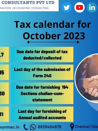 A monthly compliance calendar showing key tax deadlines for October 2023. This includes dates for TDS deposit and furnishing of annual audited accounts.