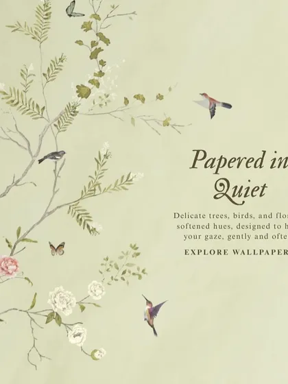 I designed this wallpaper, "Papered in Quiet," to be a gentle whisper of nature. Delicate trees, birds, and flora in softened hues create a calming visual that holds your gaze without overwhelming the space.