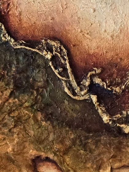 Another detail of 'The Rustic Road,' focusing on the golden line that traces its spine. This element shines like a faint hope, guiding the eye through the coarse terrain toward an unseen destination.