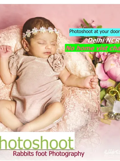 A sweet newborn photo on a promotional graphic for my photoshoot services in Delhi NCR.