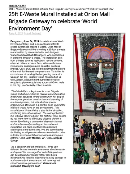 The Home News article covering the 25-foot e-waste mural installed at Orion Mall to celebrate World Environment Day.