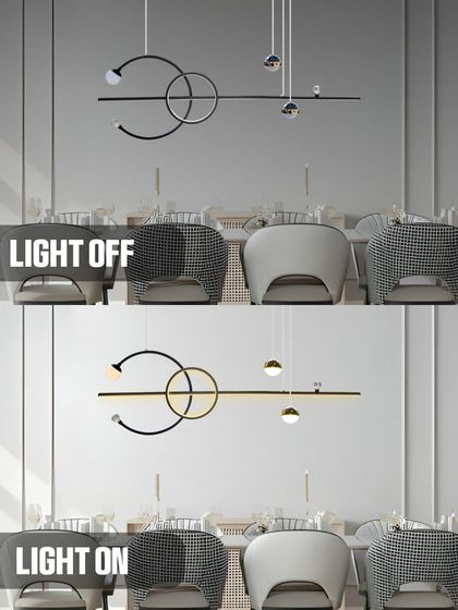 This graphic shows the on and off state of a linear geometric pendant. The design is a piece of art in itself, and the light it casts is just as beautiful.