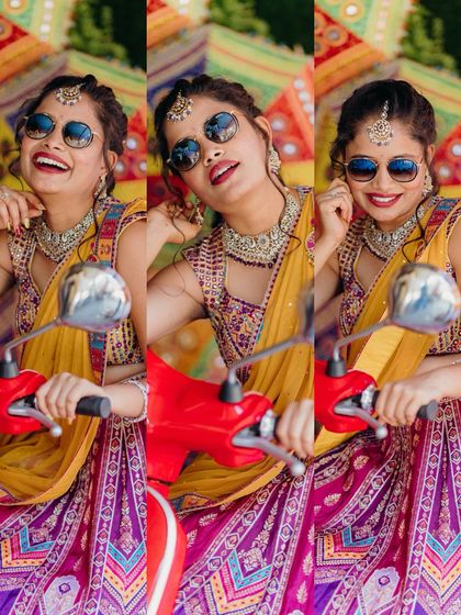 A collage of a bride's playful and fun moments from her Mehendi ceremony, posing on a red scooter.