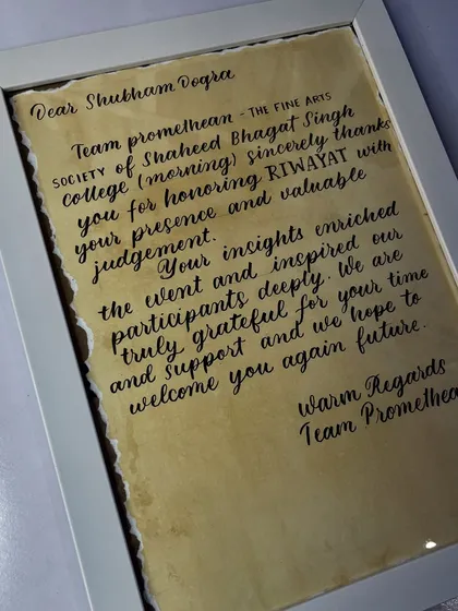 A beautiful, handcrafted letter of thanks from the fine arts society of the college.