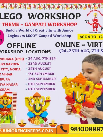 This flyer provides details for both online and offline LEGO Ganpati workshops, featuring a happy child holding his creation and a list of locations including Vasundhara, Rajouri Garden, and Gaur City.