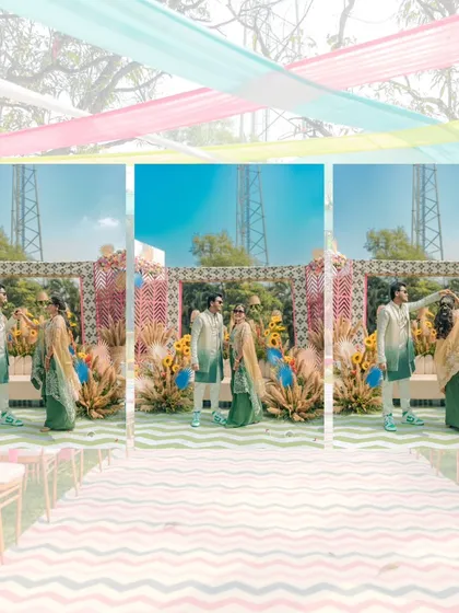 A triptych of the couple posing against their colorful haldi decor, showing their playful interaction.