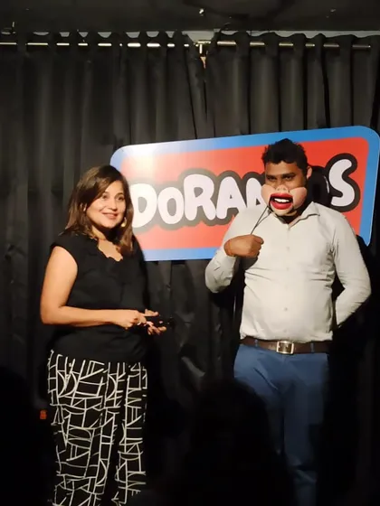 Another angle of the human puppet act from a show in Mumbai. I use a simple remote to control the mask, and the resulting "conversation" is always hilarious.