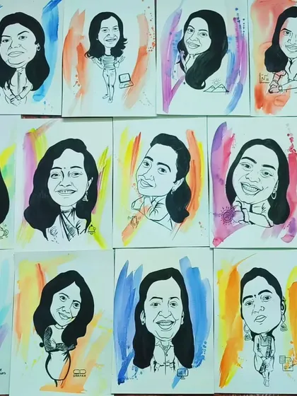 A closer look at a set of the finished caricature portraits from the Pidilite corporate event. You can see the variety of expressions and personalities I aimed to capture.