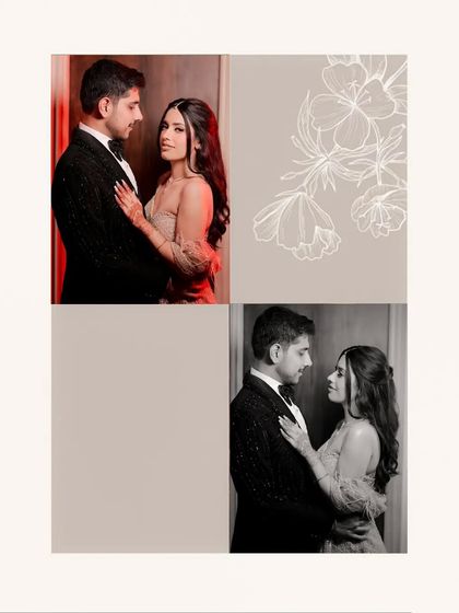 A four-part collage showcasing two romantic portraits of the couple, presented in both color and black and white for a timeless feel.