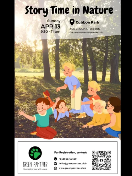 An event poster for our April story time, inviting families to join us for tales and adventures in the park.