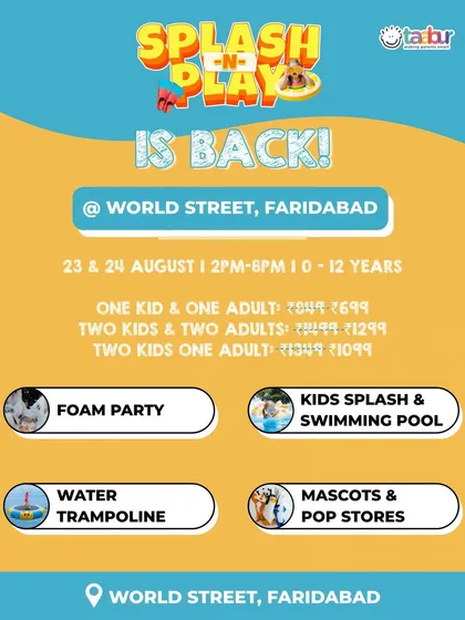 Splash-N-Play is back! This poster announces the return of the popular water carnival in Faridabad, with details on activities and pricing.