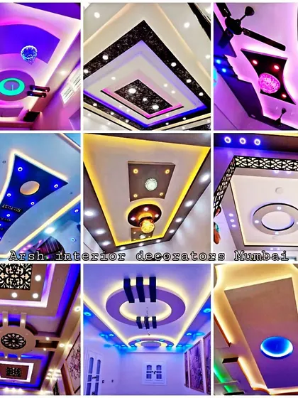 A collection of my amazing false ceiling work. You can see the variety of styles, from complex multi-level designs to simpler, colorful patterns.