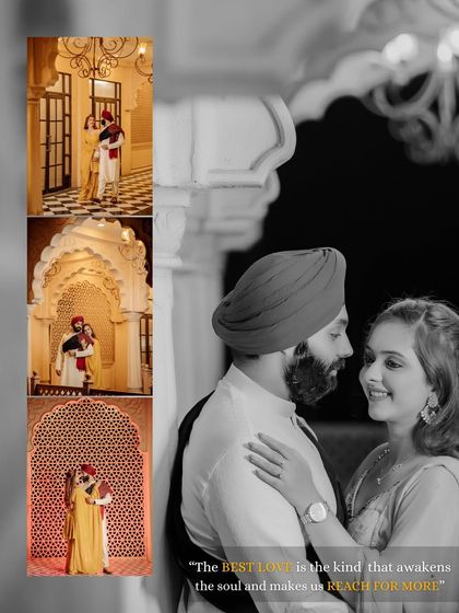 A collage blending color and black and white to create a timeless feel. The couple's traditional attire against the palatial, Rajasthani-style architecture is a beautiful contrast.