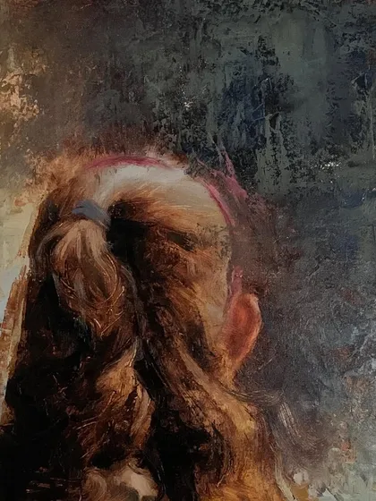 Tomorrow's Identity is in Exclusion." In this oil on linen piece, the girl's turned back symbolizes how society often overlooks the educational needs of children in slums, a theme I explore to advocate for change.