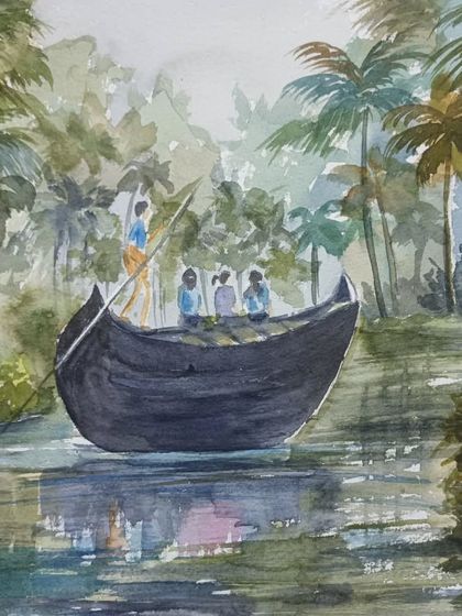 A watercolour painting of a boat in the Kerala backwaters, inspired by the work of artist Sunil Linus. We often study other artists to learn new techniques.