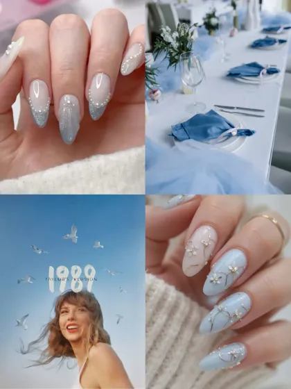 Inspired by the timeless glow of '1989'. This collection features soft blue nails with delicate silver and white details, capturing the clean and classic aesthetic of the era.