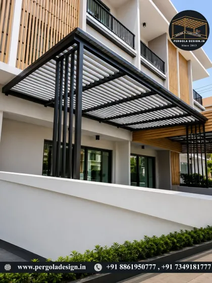 For this project, we created a cantilevered carport with a louvered roof that integrates directly into the building's facade. The black powder-coated steel structure provides a sharp, modern contrast against the home's exterior, demonstrating how a carport can be a seamless architectural extension.