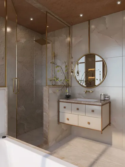 A view of the walk-in shower and bathtub, showcasing the elegant combination of marble, glass, and gold-finished hardware.