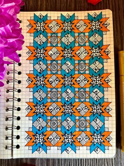 A beautiful pattern in orange, blue, and black.