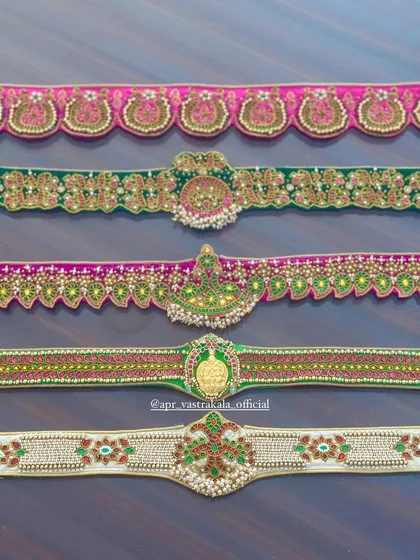 A glimpse into our collection of custom embroidered waist belts. These versatile accessories are designed to perfectly complement our half-sarees, featuring a range of motifs from traditional kasu coins to floral kemp stone work.