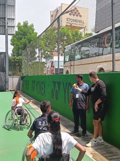 Young players participate in a drill during our kids' workshop. These events are a great introduction to the fundamentals of adaptive sports.
