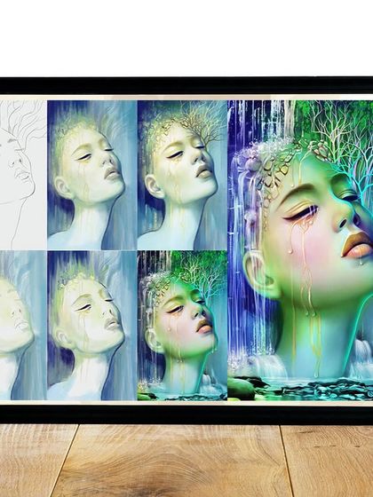 This image shows the step-by-step process of creating the waterfall girl. It starts with a simple line sketch and progresses through different stages of coloring and detailing to the final, vibrant illustration.